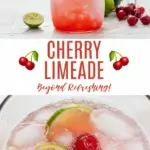 recipe image of realistic top down mise en place shot showing the fresh ingredients including cherries limes water sugar simple syrup lemon juice mint leaves ice club soda sparkling water honey agave nectar stevia cane sugar erythritol citric acid natural cherry flavoring lime juice concentrate cherry extract carbonated water coconut water arranged on a white marble kitchen counter with healthy clear glass bowls and rustic brown wooden kitchen sets under soft diffuse daylight