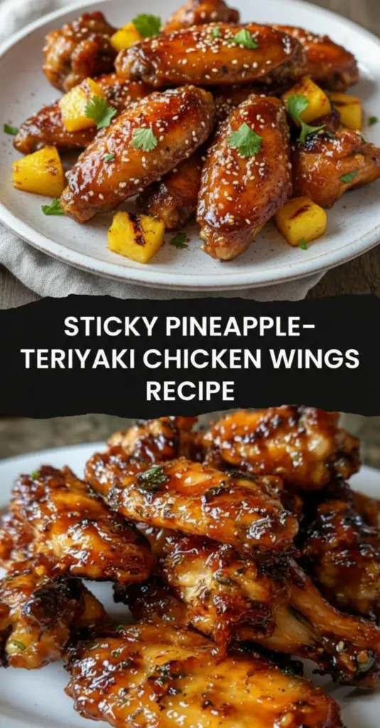 recipe image of chicken wings pineapple juice soy sauce teriyaki sauce brown sugar honey garlic ginger sesame seeds green onions cornstarch healthy clear glass bowls rustic brown wooden kitchen sets white marble kitchen counter top down mise en place soft diffuse daylight