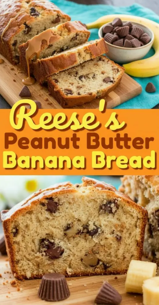 recipe image of realistic top down mise en place shot showing ripe bananas creamy peanut butter reeses peanut butter cups pieces flour sugar eggs butter oil baking powder soda chocolate chips milk vanilla cinnamon almond flour buttermilk all arranged on a white marble kitchen counter with healthy clear glass bowls and rustic brown wooden kitchen sets under soft diffuse daylight