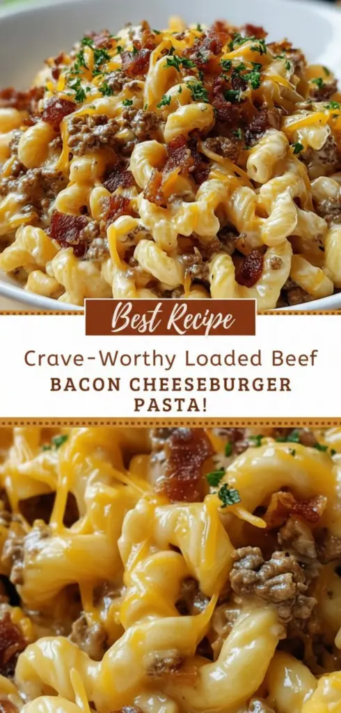 recipe image of fresh ground beef crispy bacon elbow macaroni cheddar cheese onion garlic beef broth milk heavy cream ketchup Worcestershire sauce mustard pickles tomatoes green onions mozzarella arranged on white marble counter with clear glass bowls and rustic brown wooden kitchen sets under soft diffuse daylight