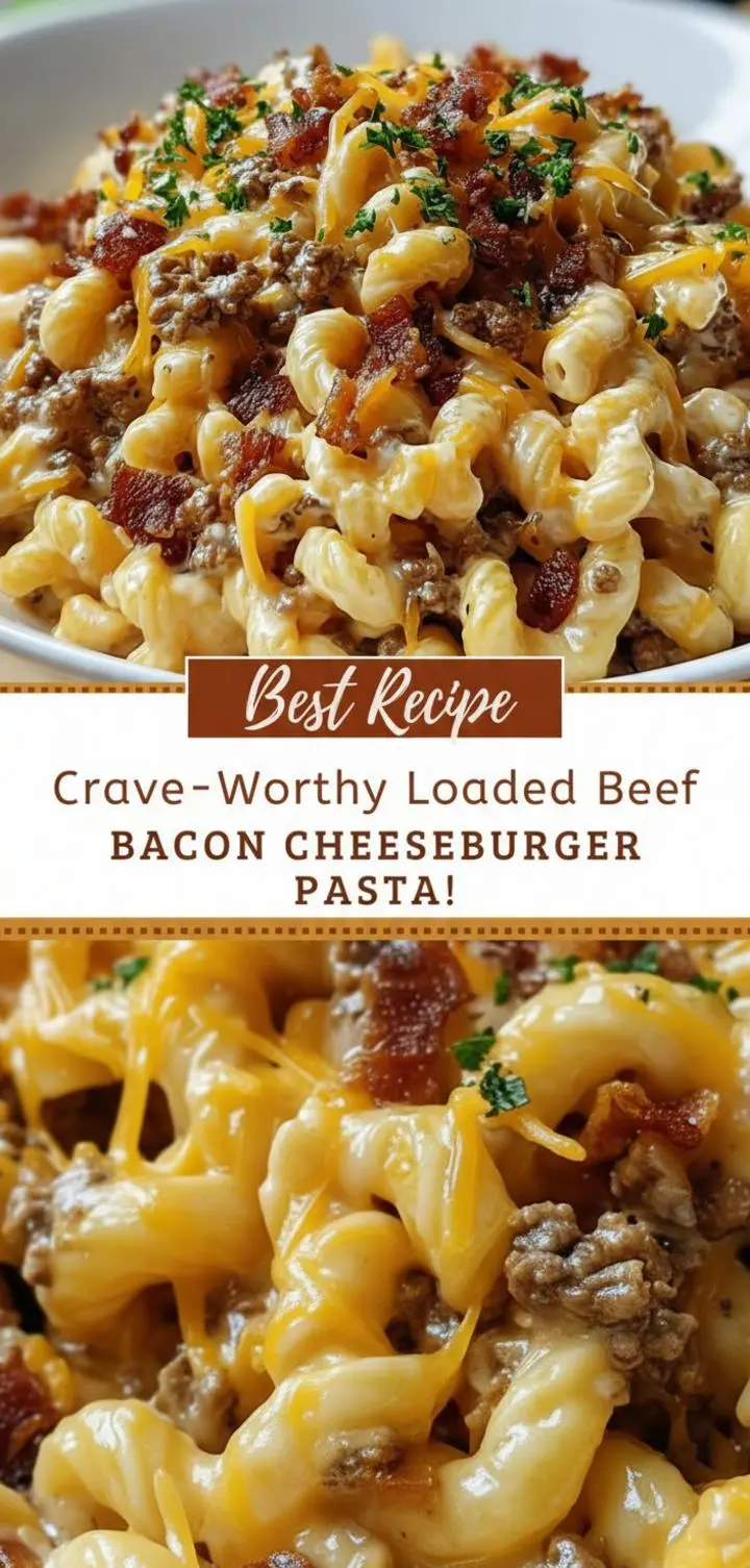 recipe image of fresh ground beef crispy bacon elbow macaroni cheddar cheese onion garlic beef broth milk heavy cream ketchup Worcestershire sauce mustard pickles tomatoes green onions mozzarella arranged on white marble counter with clear glass bowls and rustic brown wooden kitchen sets under soft diffuse daylight