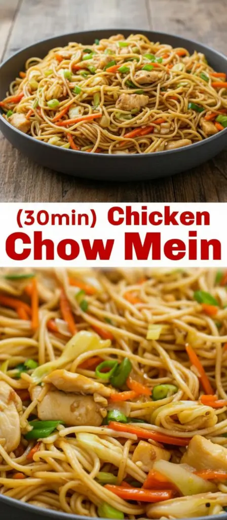 recipe image of Top down mise en place of fresh ingredients for homemade chicken chow mein on a white marble kitchen counter healthy clear glass bowls rustic brown wooden kitchen sets soft diffuse daylight