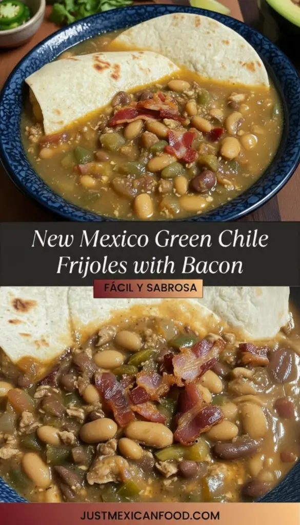 recipe image of pinto bolita beans roasted Hatch green chiles bacon onion garlic red chile powder cumin tomatoes jalapeños chicken broth cilantro arranged on a white marble kitchen counter with healthy clear glass bowls and rustic brown wooden kitchen sets under soft diffuse daylight