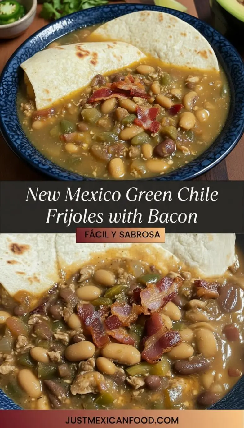 recipe image of pinto bolita beans roasted Hatch green chiles bacon onion garlic red chile powder cumin tomatoes jalapeños chicken broth cilantro arranged on a white marble kitchen counter with healthy clear glass bowls and rustic brown wooden kitchen sets under soft diffuse daylight