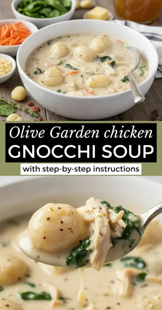 recipe image of chicken breast potato gnocchi chicken broth butter onion celery carrots garlic flour half and half or heavy cream spinach nutmeg thyme parmesan cheese on a white marble kitchen counter with clear glass bowls and rustic brown wooden kitchen sets under soft diffuse daylight