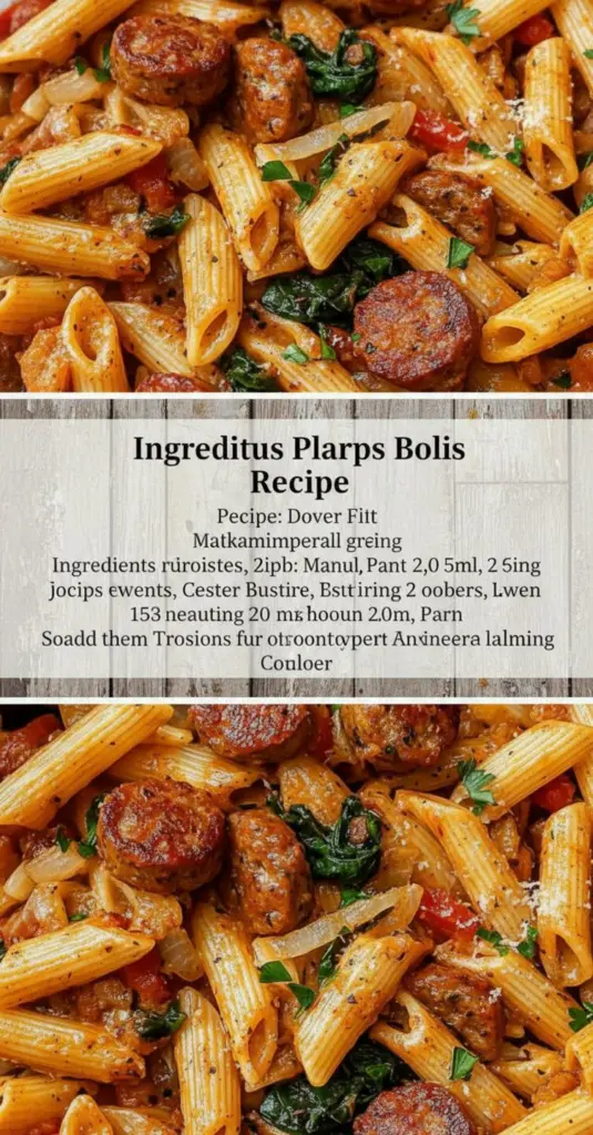 recipe image of andouille sausage pasta rigatoni penne bowtie cajun seasoning onion bell pepper garlic chicken broth diced tomatoes heavy cream parmesan cheddar cheese parsley mushrooms arranged on a white marble kitchen counter with healthy clear glass bowls and rustic brown wooden kitchen sets under soft diffuse daylight