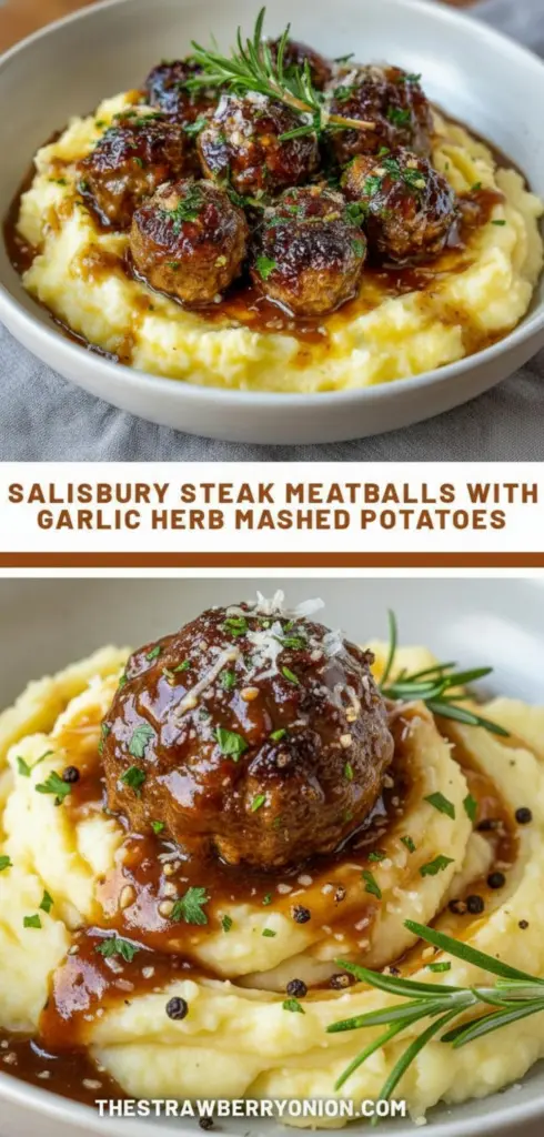 recipe image of realistic top down mise en place shot showing fresh ingredients for Salisbury steak meatballs with garlic herb mashed potatoes including ground beef breadcrumbs onion garlic egg Worcestershire sauce beef broth mushrooms butter flour thyme mustard Yukon gold potatoes half and half parmesan parsley garlic powder arranged on a white marble kitchen counter with clear glass bowls and rustic brown wooden kitchen sets under soft diffuse daylight
