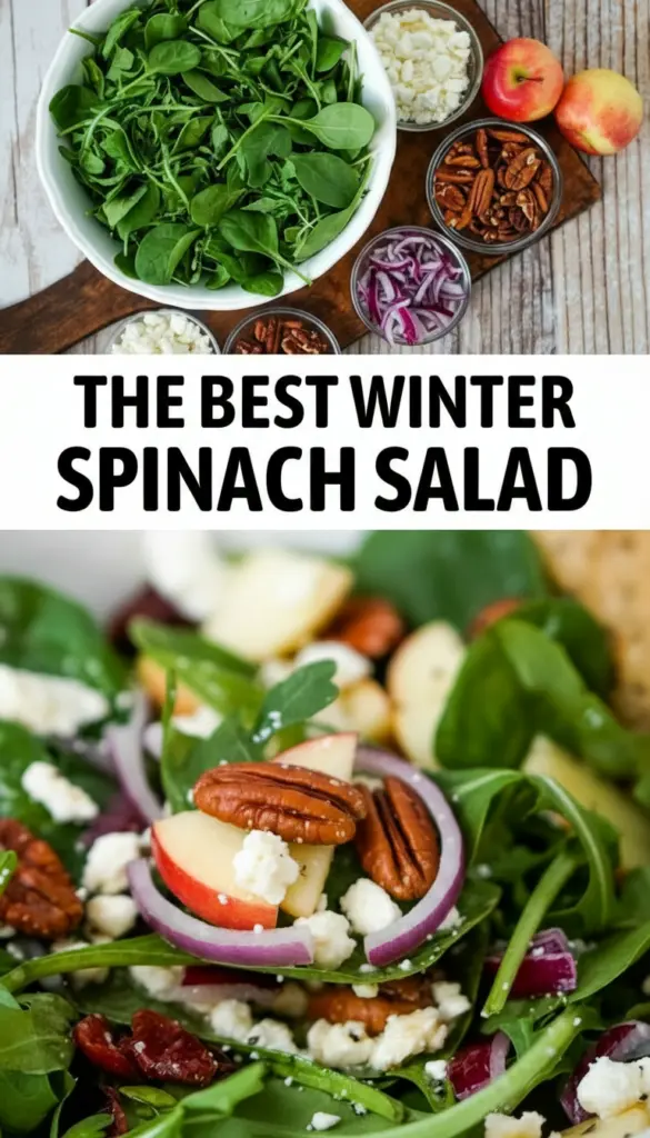 recipe image of a photography of baby spinach green apple red grapes dried cranberries green onions gorgonzola sugared pecans bacon pomegranate seeds olive oil cider vinegar maple syrup lemon juice all arranged on a white marble kitchen counter with healthy clear glass bowls and rustic brown wooden kitchenware under soft diffuse daylight realistic photography food photography