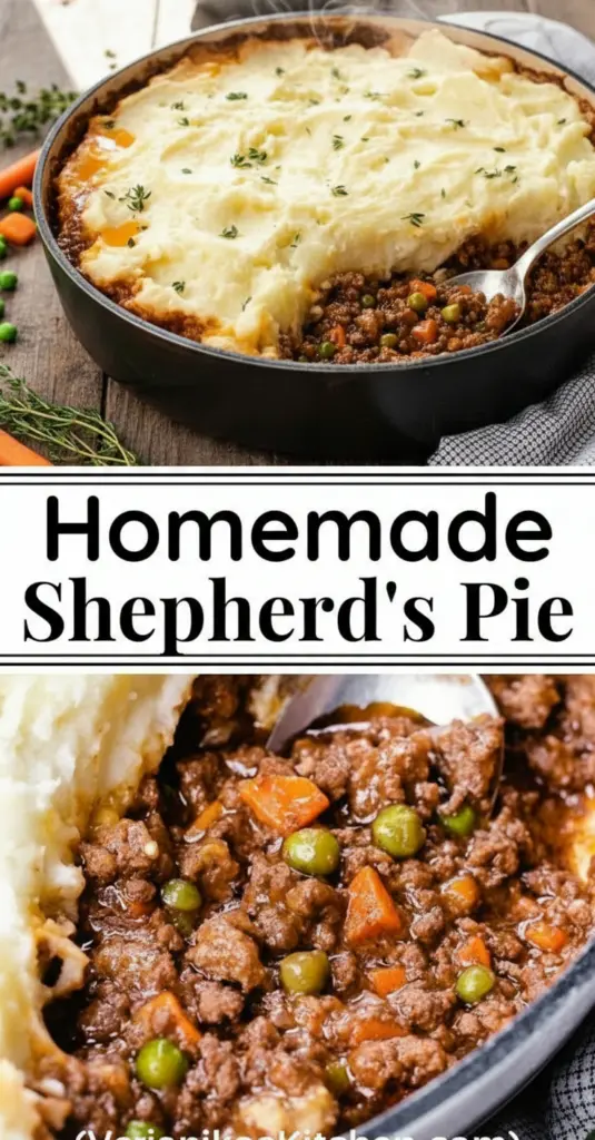recipe image of a top down mise en place shot showing fresh ground beef or lamb russet potatoes onions carrots peas corn garlic celery tomato paste worcestershire sauce beef broth flour red wine thyme rosemary parmesan cheese cheddar cheese arranged on a white marble kitchen counter with healthy clear glass bowls and rustic brown wooden kitchen sets under soft diffuse daylight