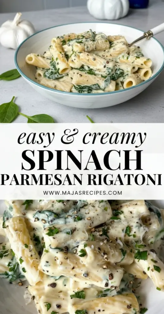 recipe image of fresh spinach rigatoni pasta parmesan cheese garlic extra virgin olive oil ricotta cheese fresh mozzarella heavy cream butter onions lemon zest red pepper flakes fresh basil salt black pepper nutmeg arranged on a white marble kitchen counter with healthy clear glass bowls and rustic brown wooden kitchen sets under soft diffuse daylight