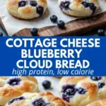 recipe image of a realistic top down mise en place shot showing individual glass bowls filled with fresh cottage cheese separated egg yolks and egg whites vibrant blueberries cream of tartar cornstarch powdered sweetener vanilla extract lemon zest honey and salt arranged on a white marble kitchen counter with rustic brown wooden kitchen tools under soft diffuse daylight