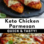 recipe image of chicken breasts parmesan cheese mozzarella cheese almond flour or pork rinds eggs keto marinara sauce garlic powder onion powder italian seasoning provolone cheese fresh basil arranged on a white marble kitchen counter with healthy clear glass bowls and rustic brown wooden kitchen sets under soft diffuse daylight