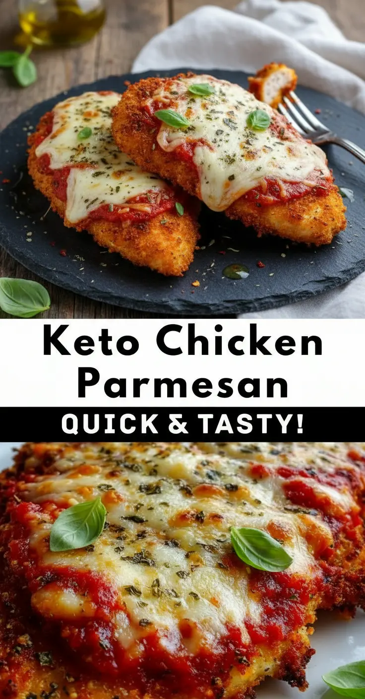 recipe image of chicken breasts parmesan cheese mozzarella cheese almond flour or pork rinds eggs keto marinara sauce garlic powder onion powder italian seasoning provolone cheese fresh basil arranged on a white marble kitchen counter with healthy clear glass bowls and rustic brown wooden kitchen sets under soft diffuse daylight