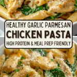 recipe image of realistic top down mise en place shot of fresh chicken breast pasta fettuccine penne linguine parmesan cheese garlic butter heavy cream olive oil salt pepper chicken broth parsley basil lemon juice red pepper flakes mushrooms spinach arranged on a white marble kitchen counter with healthy clear glass bowls and rustic brown wooden kitchen sets under soft diffuse daylight