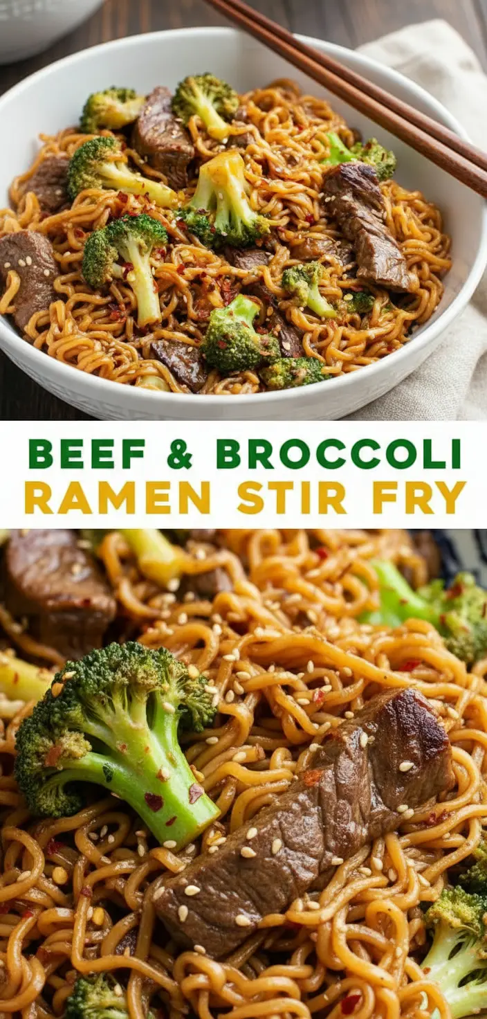 recipe image of ramen noodles beef strips broccoli florets garlic ginger soy sauce sesame oil carrots bell peppers mushrooms eggs green onions chili flakes cornstarch beef broth oyster sauce hoisin sauce rice vinegar mirin arranged on a white marble kitchen counter with healthy clear glass bowls and rustic brown wooden kitchen sets under soft diffuse daylight