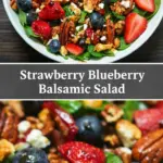 recipe image of realistic top down mise en place shot showing the fresh ingredients strawberries spinach blueberries pecans feta cheese balsamic vinegar olive oil arugula cucumber bell peppers almonds goat cheese honey lemon juice mint leaves basil walnuts cranberries raspberries blackberries arranged on a white marble kitchen counter with healthy clear glass bowls and rustic brown wooden kitchen sets under soft diffuse daylight