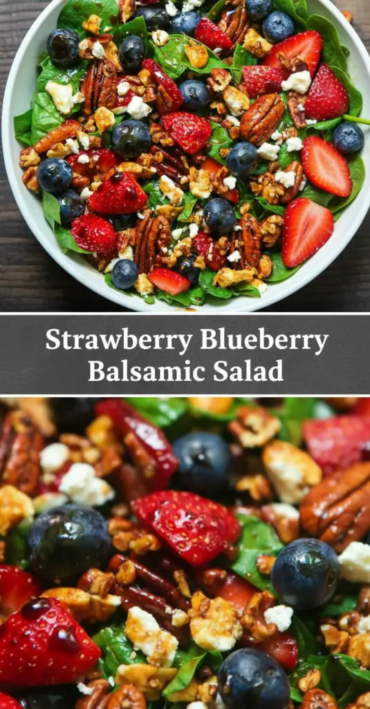 recipe image of realistic top down mise en place shot showing the fresh ingredients strawberries spinach blueberries pecans feta cheese balsamic vinegar olive oil arugula cucumber bell peppers almonds goat cheese honey lemon juice mint leaves basil walnuts cranberries raspberries blackberries arranged on a white marble kitchen counter with healthy clear glass bowls and rustic brown wooden kitchen sets under soft diffuse daylight