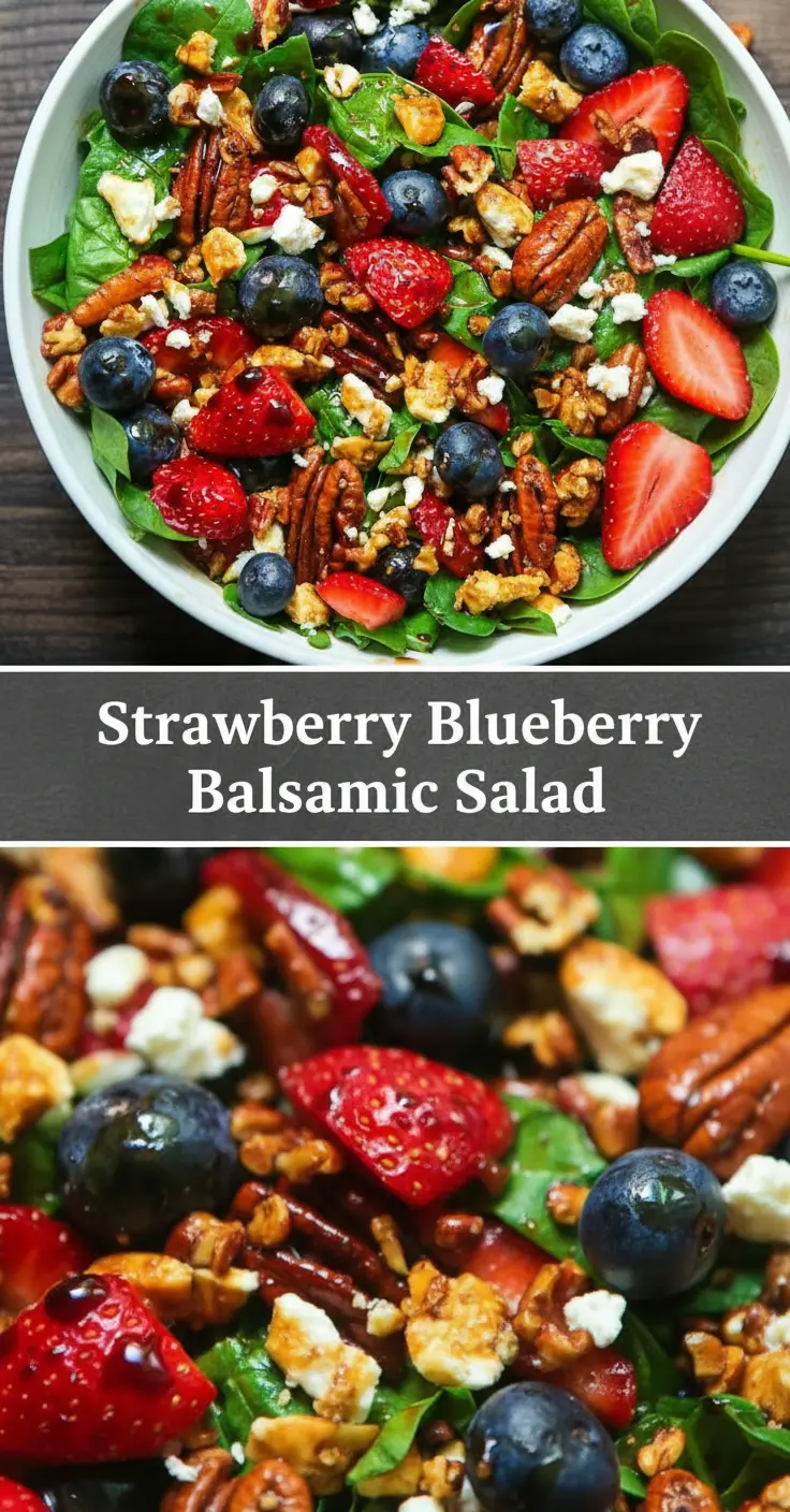 recipe image of realistic top down mise en place shot showing the fresh ingredients strawberries spinach blueberries pecans feta cheese balsamic vinegar olive oil arugula cucumber bell peppers almonds goat cheese honey lemon juice mint leaves basil walnuts cranberries raspberries blackberries arranged on a white marble kitchen counter with healthy clear glass bowls and rustic brown wooden kitchen sets under soft diffuse daylight