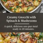 recipe image of gnocchi fresh spinach mushrooms heavy cream parmesan cheese garlic butter olive oil onion thyme salt pepper nutmeg ricotta cheese feta cheese sun dried tomatoes arranged on a white marble kitchen counter with healthy clear glass bowls and rustic brown wooden kitchen sets under soft diffuse daylight