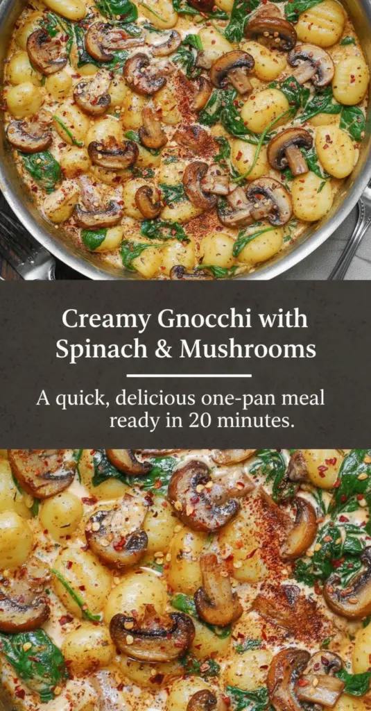 recipe image of gnocchi fresh spinach mushrooms heavy cream parmesan cheese garlic butter olive oil onion thyme salt pepper nutmeg ricotta cheese feta cheese sun dried tomatoes arranged on a white marble kitchen counter with healthy clear glass bowls and rustic brown wooden kitchen sets under soft diffuse daylight