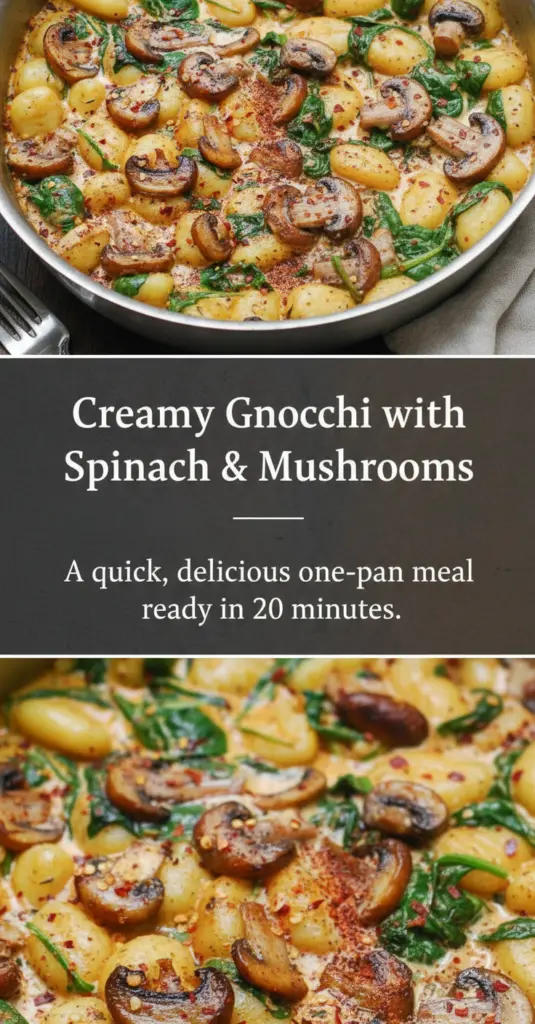 recipe image of gnocchi spinach mushrooms butter garlic cream parmesan cheese salt pepper onion thyme rosemary olive oil heavy cream nutmeg chicken broth white wine bell peppers zucchini cherry tomatoes fresh herbs lemon juice nutritional yeast ricotta almond milk frozen spinach store bought gnocchi