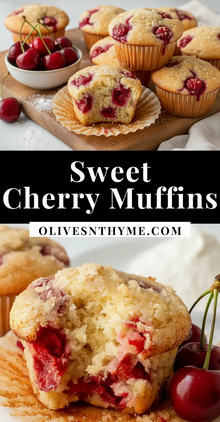 recipe image of Cherries flour sugar eggs butter baking powder salt thyme olives vanilla extract milk cinnamon nuts lemon zest honey maple syrup arranged on a white marble kitchen counter with healthy clear glass bowls and rustic brown wooden kitchen sets under soft diffuse daylight top down mise en place shot realistic