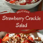 recipe image of strawberries crackers cheese nuts dressing yogurt honey mint basil cucumber avocado feta cheese almonds walnuts balsamic vinaigrette arranged on a white marble kitchen counter healthy clear glass bowls rustic brown wooden kitchen sets soft diffuse daylight