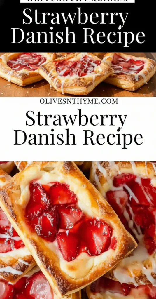 recipe image of a realistic top down mise en place shot showing fresh strawberries cream cheese butter flour sugar yeast eggs vanilla extract cinnamon salt milk powdered sugar almond extract lemon juice whipped cream arranged on a white marble kitchen counter with healthy clear glass bowls and rustic brown wooden kitchen sets under soft diffuse daylight