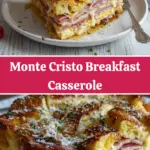 recipe image of fresh ingredients bread eggs milk butter cinnamon vanilla extract cream cheese ham cheese powdered sugar maple syrup nutmeg cloves arranged on a white marble kitchen counter with healthy clear glass bowls and rustic brown wooden kitchen sets under soft diffuse daylight