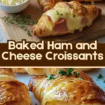 recipe image of ham cheese croissant dough butter eggs milk flour salt yeast pepper garlic powder Dijon mustard cream cheese Swiss cheese cheddar cheese provolone cheese smoked ham fresh herbs arranged on a white marble kitchen counter with healthy clear glass bowls and rustic brown wooden kitchen sets under soft diffuse daylight