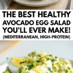 recipe image of a realistic top down mise en place shot showing avocado hard boiled eggs mayonnaise lemon juice celery onion dill paprika salt pepper garlic powder everything bagel seasoning greek yogurt cucumber tomato bell pepper black pepper fresh herbs arranged on a white marble kitchen counter with healthy clear glass bowls and rustic brown wooden kitchen sets under soft diffuse daylight