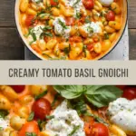 recipe image of A realistic top down mise en place shot showing fresh gnocchi tomatoes burrata cheese cream garlic basil olive oil parmesan cheese spinach mushrooms cherry tomatoes heavy cream butter salt pepper arranged on a white marble kitchen counter with healthy clear glass bowls and rustic brown wooden kitchen sets under soft diffuse daylight