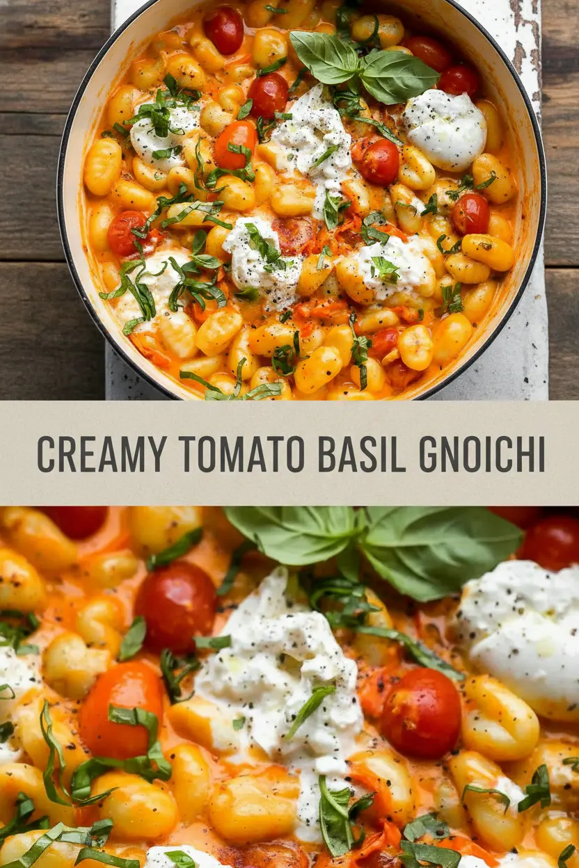 recipe image of A realistic top down mise en place shot showing fresh gnocchi tomatoes burrata cheese cream garlic basil olive oil parmesan cheese spinach mushrooms cherry tomatoes heavy cream butter salt pepper arranged on a white marble kitchen counter with healthy clear glass bowls and rustic brown wooden kitchen sets under soft diffuse daylight