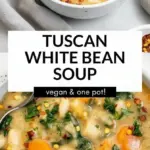 recipe image of white beans kale garlic onion celery carrot olive oil vegetable broth thyme rosemary bay leaves parmesan cheese lemon juice spinach sausage mushrooms arranged on a white marble kitchen counter with clear glass bowls and rustic wooden kitchen sets under soft diffuse daylight