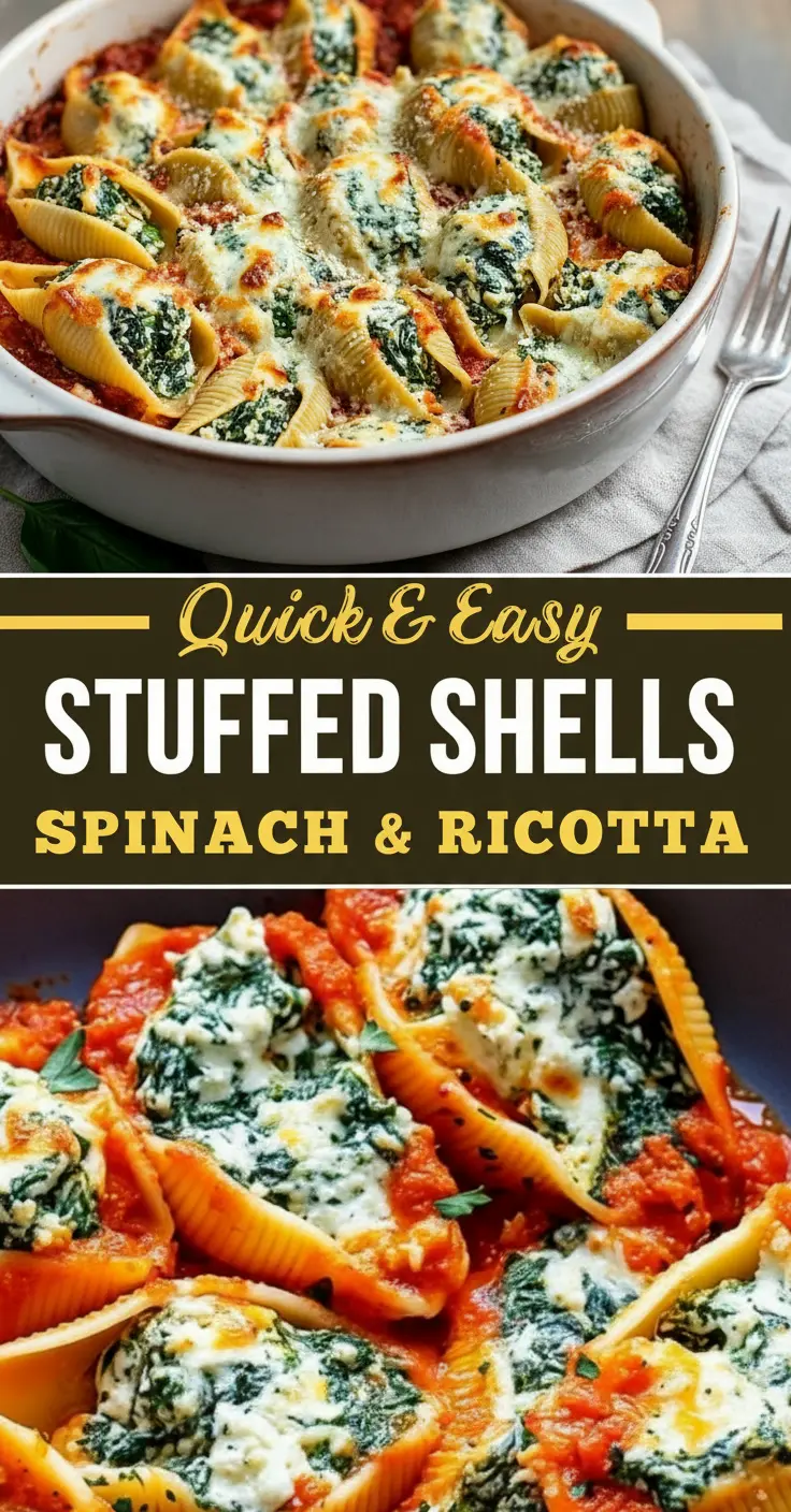 recipe image of pasta shells ricotta cheese fresh spinach mozzarella cheese parmesan cheese marinara sauce garlic onion italian seasoning nutmeg eggs breadcrumbs olive oil salt pepper