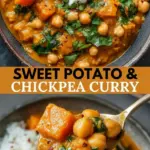 recipe image of a top down mise en place shot showing fresh sweet potato chickpeas coconut milk spinach curry powder ginger garlic onion bell pepper carrots kale cilantro lemon juice turmeric cumin coriander chili flakes salt black pepper olive oil rice quinoa basmati rice arranged on a white marble kitchen counter with healthy clear glass bowls and rustic brown wooden kitchen sets under soft diffuse daylight