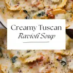 recipe image of ravioli chicken broth heavy cream parmesan cheese garlic onion spinach butter salt pepper olive oil thyme basil ground beef sausage mushrooms zucchini arranged on a white marble kitchen counter with healthy clear glass bowls and rustic brown wooden kitchen sets under soft diffuse daylight