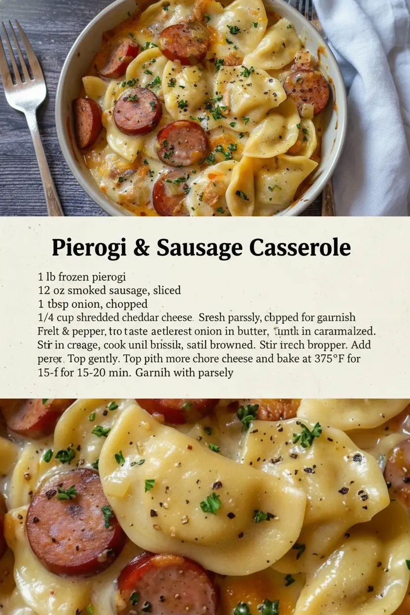 recipe image of pierogi kielbasa sour cream cheese onions garlic butter flour milk paprika salt pepper breadcrumbs dill thyme rosemary arranged on a white marble kitchen counter with healthy clear glass bowls and rustic brown wooden kitchen sets under soft diffuse daylight