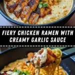 recipe image of chicken breast ramen noodles garlic heavy cream soy sauce chili oil sesame oil green onions ginger chicken broth butter parmesan cheese mushrooms carrots bok choy scallions red pepper flakes on a white marble kitchen counter with clear glass bowls and rustic brown wooden kitchen sets under soft diffuse daylight