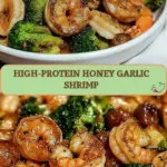 recipe image of realistic top down mise en place shot showing fresh ingredients shrimp honey garlic soy sauce ginger sesame oil lemon juice black pepper green onions bell peppers broccoli rice quinoa cauliflower rice olive oil chili flakes arranged on a white marble kitchen counter with healthy clear glass bowls and rustic brown wooden kitchen sets under soft diffuse daylight