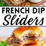 recipe image of roast beef sourdough rolls au jus provolone cheese horseradish butter garlic onions beef broth Worcestershire sauce mustard black pepper salt olive oil thyme rosemary arranged on a white marble kitchen counter healthy clear glass bowls rustic brown wooden kitchen sets soft diffuse daylight