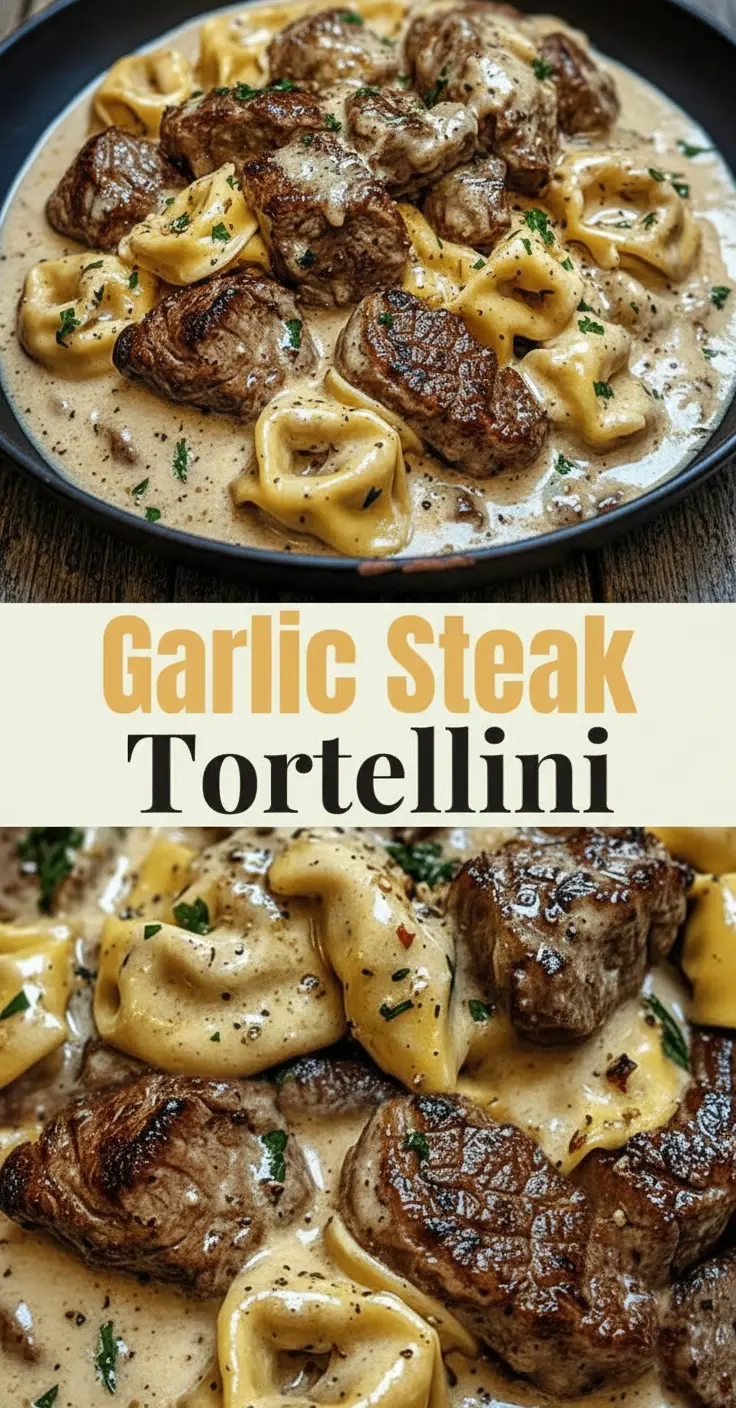 recipe image of steak tortellini pasta garlic parmesan cheese butter cream chicken broth spinach mushrooms bell peppers olive oil salt pepper parsley heavy cream white wine arranged on a white marble kitchen counter with healthy clear glass bowls and rustic brown wooden kitchen sets under soft diffuse daylight