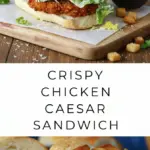 recipe image of chicken breast romaine lettuce parmesan cheese caesar dressing bread rolls garlic croutons lemon juice olive oil black pepper salt mayonnaise anchovy paste egg yolk dijon mustard on a white marble kitchen counter with clear glass bowls and rustic brown wooden kitchen sets under soft diffuse daylight