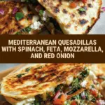 recipe image of a top down mise en place shot showing fresh spinach feta cheese mozzarella cheese red onion garlic olive oil tortillas cucumber tomatoes olives herbs lemon juice greek yogurt sun dried tomatoes artichoke hearts arranged on a white marble kitchen counter with healthy clear glass bowls and rustic brown wooden kitchen sets under soft diffuse daylight