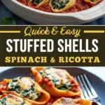recipe image of ricotta cheese fresh spinach pasta shells mozzarella cheese parmesan cheese marinara sauce garlic onion basil oregano salt pepper butter flour eggs ground beef italian seasoning cream cheese feta cheese arranged on a white marble kitchen counter with healthy clear glass bowls and rustic brown wooden kitchen sets under soft diffuse daylight