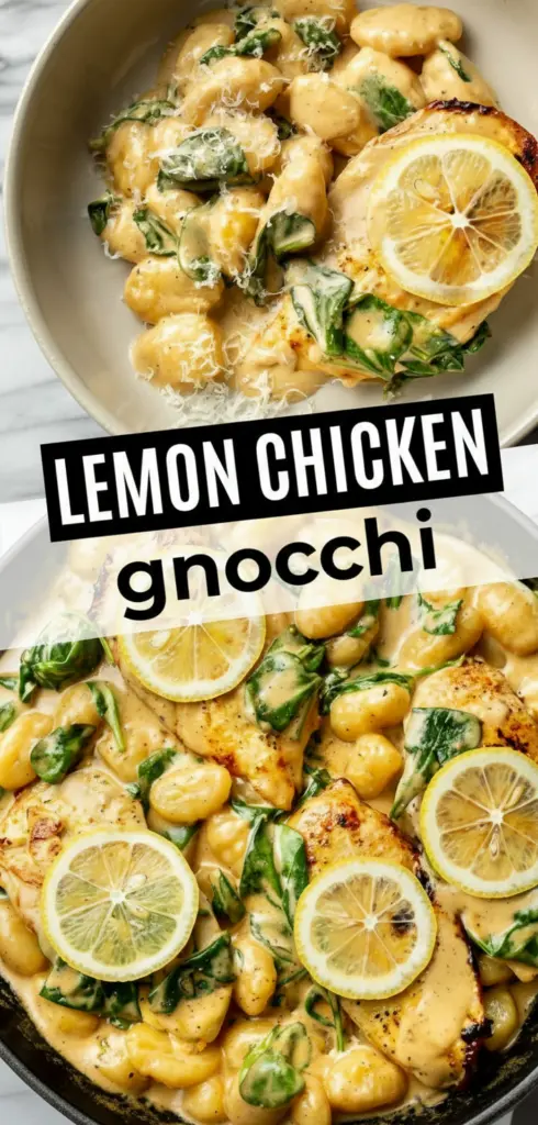 recipe image of chicken breast gnocchi lemon juice lemon zest garlic butter heavy cream parmesan cheese olive oil salt pepper spinach mushrooms broccoli zucchini thyme rosemary chicken broth white wine realistic top down mise en place fresh ingredients white marble kitchen counter healthy clear glass bowls rustic brown wooden kitchen sets soft diffuse daylight